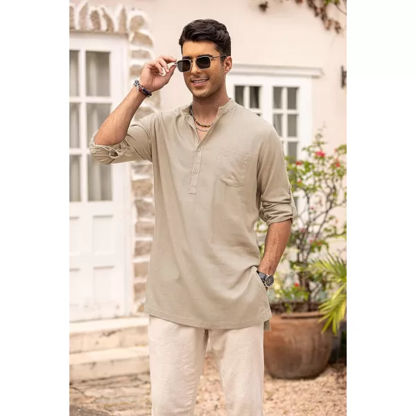 COOFANDY Men's Linen Henley Shirts Long Sleeve Collarless T-Shirts Longline Kurta Beach Shirts with Pocket