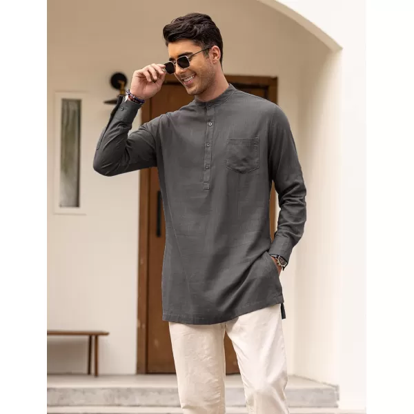 COOFANDY Men's Linen Henley Shirts Long Sleeve Collarless T-Shirts Longline Kurta Beach Shirts with Pocket