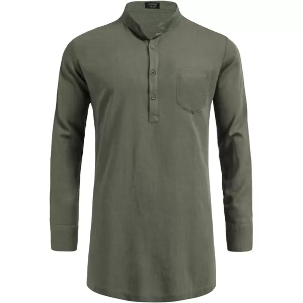 COOFANDY Men's Linen Henley Shirts Long Sleeve Collarless T-Shirts Longline Kurta Beach Shirts with Pocket
