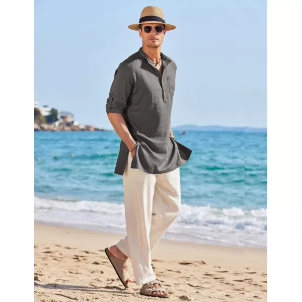 COOFANDY Men's Linen Henley Shirts Long Sleeve Collarless T-Shirts Longline Kurta Beach Shirts with Pocket
