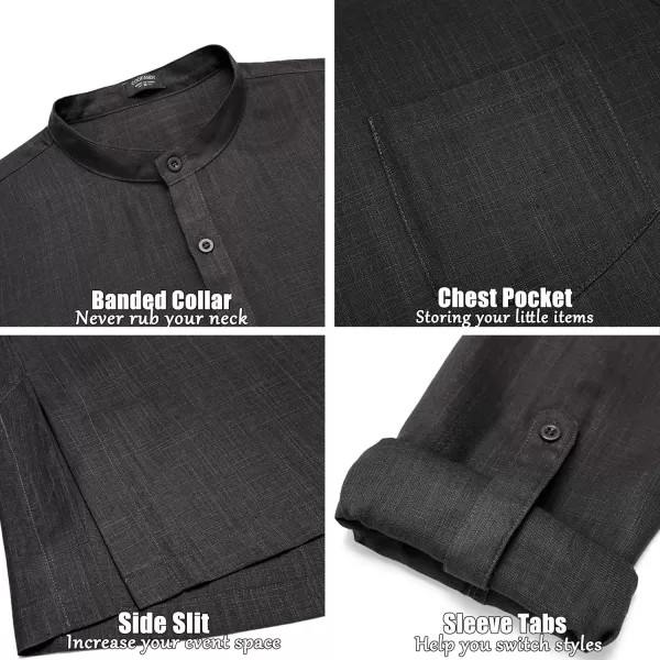 COOFANDY Men's Linen Henley Shirts Long Sleeve Collarless T-Shirts Longline Kurta Beach Shirts with Pocket