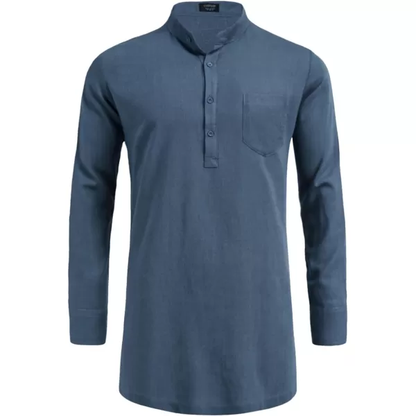 COOFANDY Men's Linen Henley Shirts Long Sleeve Collarless T-Shirts Longline Kurta Beach Shirts with Pocket