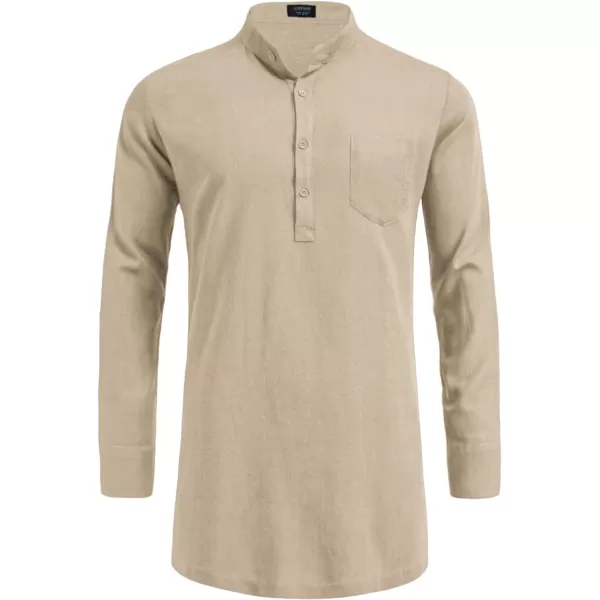 COOFANDY Men's Linen Henley Shirts Long Sleeve Collarless T-Shirts Longline Kurta Beach Shirts with Pocket