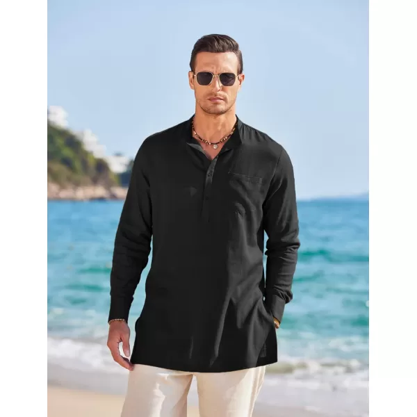 COOFANDY Men's Linen Henley Shirts Long Sleeve Collarless T-Shirts Longline Kurta Beach Shirts with Pocket