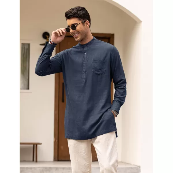 COOFANDY Men's Linen Henley Shirts Long Sleeve Collarless T-Shirts Longline Kurta Beach Shirts with Pocket