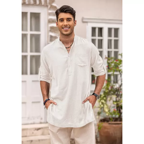 COOFANDY Men's Linen Henley Shirts Long Sleeve Collarless T-Shirts Longline Kurta Beach Shirts with Pocket