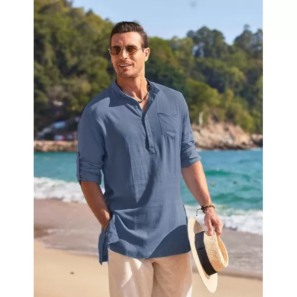 COOFANDY Men's Linen Henley Shirts Long Sleeve Collarless T-Shirts Longline Kurta Beach Shirts with Pocket