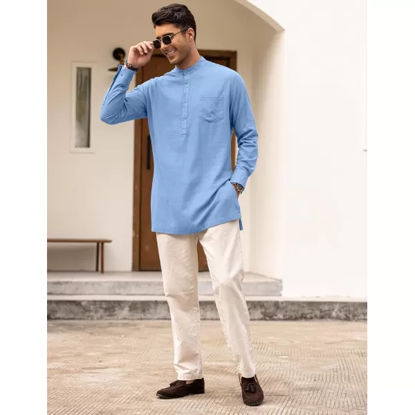 COOFANDY Men's Linen Henley Shirts Long Sleeve Collarless T-Shirts Longline Kurta Beach Shirts with Pocket