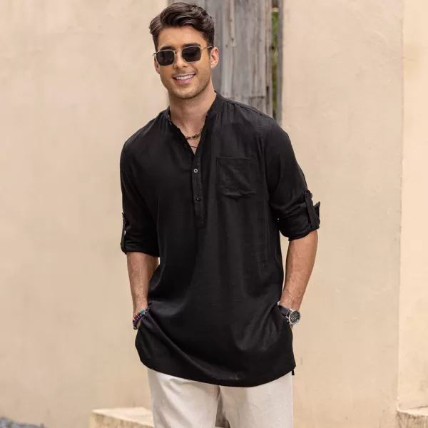 COOFANDY Men's Linen Henley Shirts Long Sleeve Collarless T-Shirts Longline Kurta Beach Shirts with Pocket