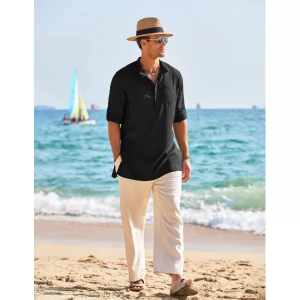 COOFANDY Men's Linen Henley Shirts Long Sleeve Collarless T-Shirts Longline Kurta Beach Shirts with Pocket