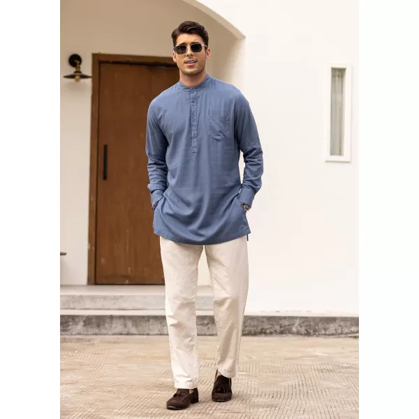 COOFANDY Men's Linen Henley Shirts Long Sleeve Collarless T-Shirts Longline Kurta Beach Shirts with Pocket