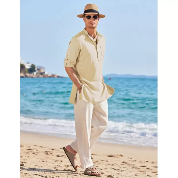 COOFANDY Men's Linen Henley Shirts Long Sleeve Collarless T-Shirts Longline Kurta Beach Shirts with Pocket