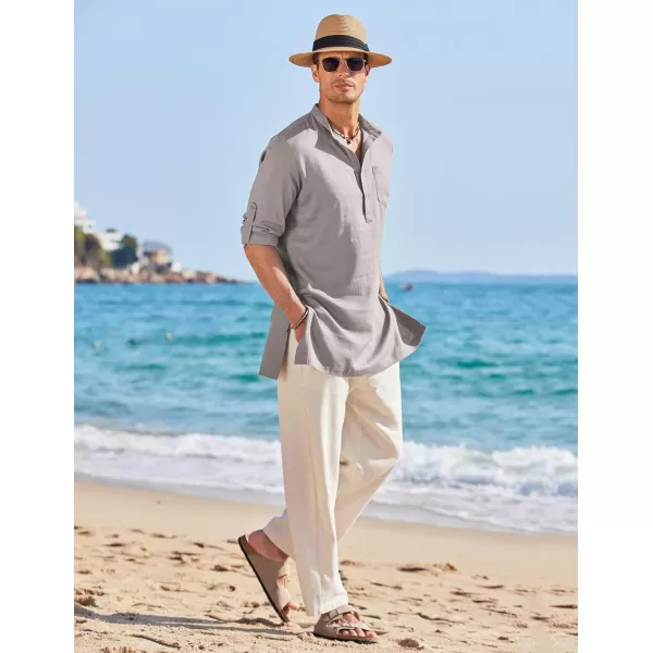 COOFANDY Men's Linen Henley Shirts Long Sleeve Collarless T-Shirts Longline Kurta Beach Shirts with Pocket