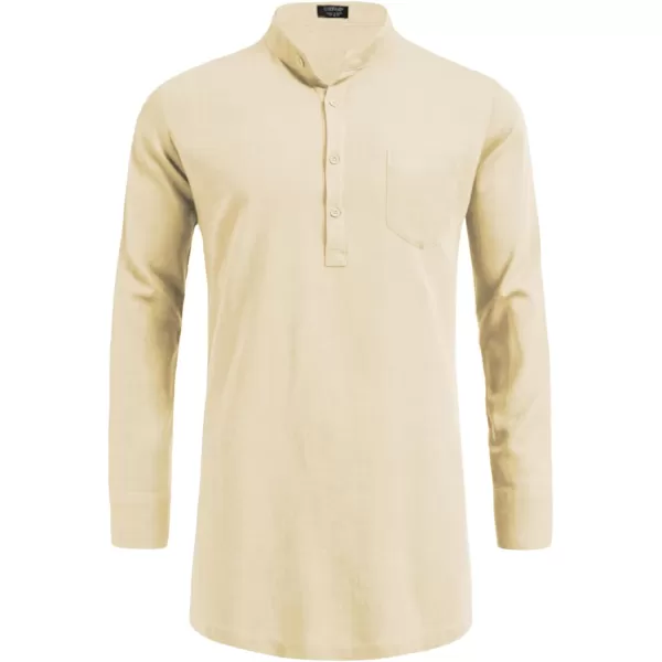 COOFANDY Men's Linen Henley Shirts Long Sleeve Collarless T-Shirts Longline Kurta Beach Shirts with Pocket
