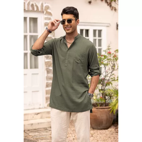 COOFANDY Men's Linen Henley Shirts Long Sleeve Collarless T-Shirts Longline Kurta Beach Shirts with Pocket