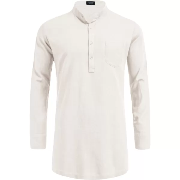 COOFANDY Men's Linen Henley Shirts Long Sleeve Collarless T-Shirts Longline Kurta Beach Shirts with Pocket