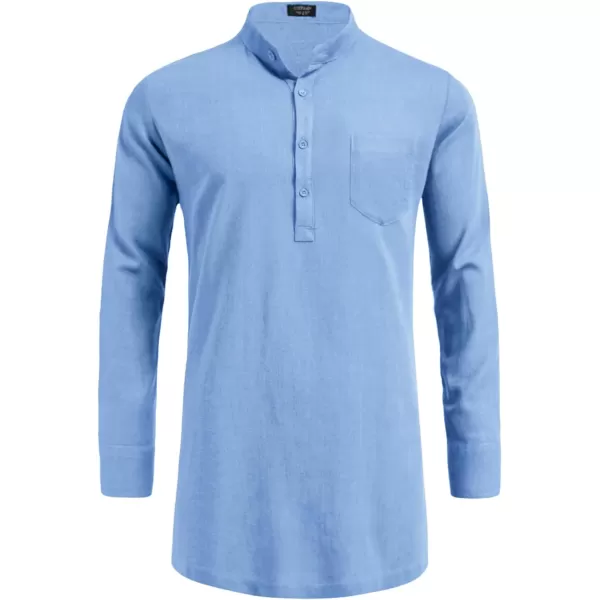 COOFANDY Men's Linen Henley Shirts Long Sleeve Collarless T-Shirts Longline Kurta Beach Shirts with Pocket