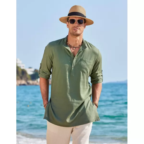 COOFANDY Men's Linen Henley Shirts Long Sleeve Collarless T-Shirts Longline Kurta Beach Shirts with Pocket