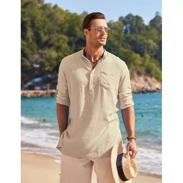 COOFANDY Men's Linen Henley Shirts Long Sleeve Collarless T-Shirts Longline Kurta Beach Shirts with Pocket