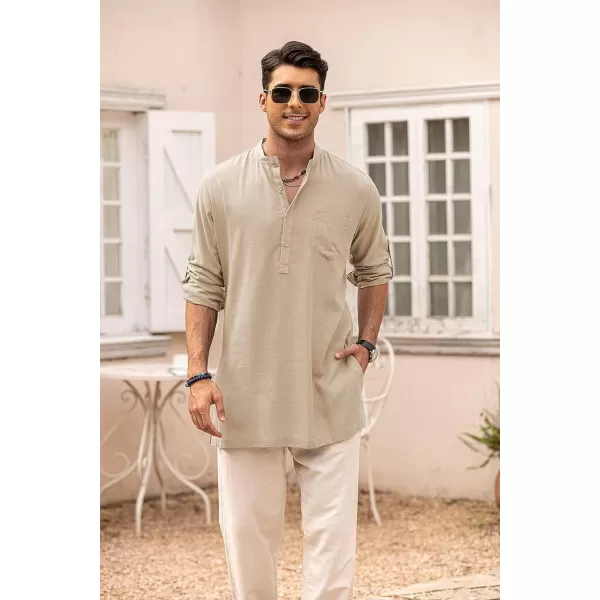 COOFANDY Men's Linen Henley Shirts Long Sleeve Collarless T-Shirts Longline Kurta Beach Shirts with Pocket