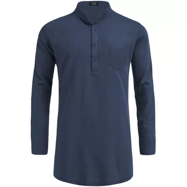 COOFANDY Men's Linen Henley Shirts Long Sleeve Collarless T-Shirts Longline Kurta Beach Shirts with Pocket