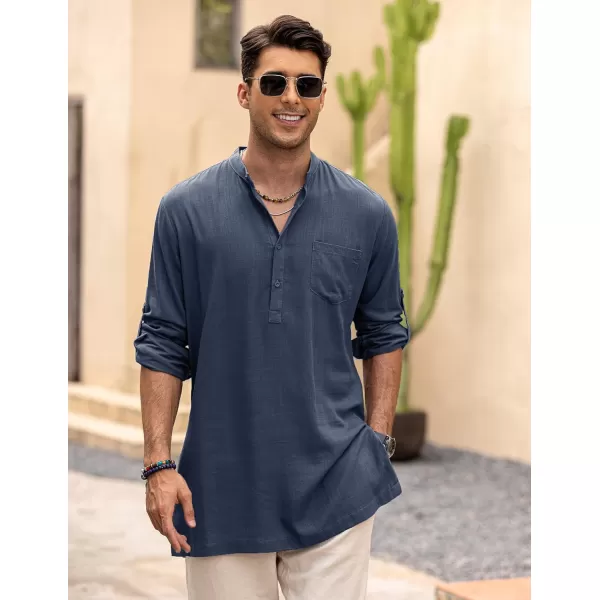 COOFANDY Men's Linen Henley Shirts Long Sleeve Collarless T-Shirts Longline Kurta Beach Shirts with Pocket