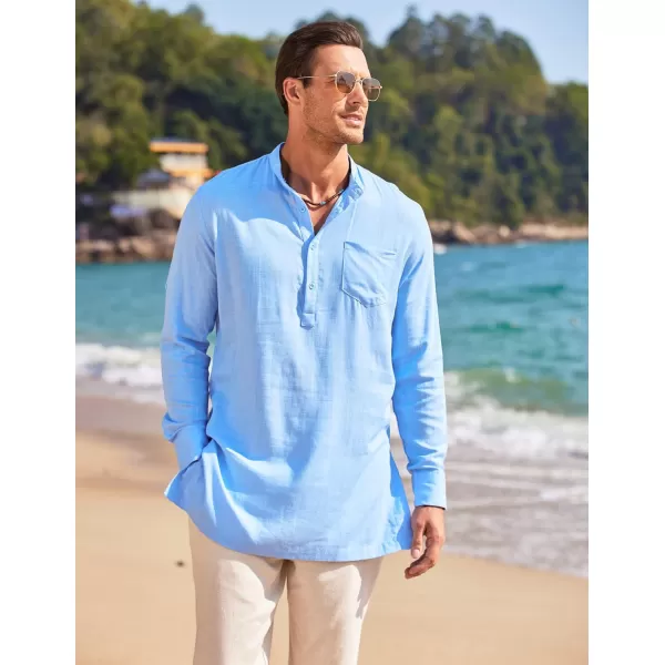 COOFANDY Men's Linen Henley Shirts Long Sleeve Collarless T-Shirts Longline Kurta Beach Shirts with Pocket