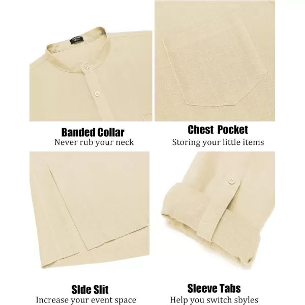 COOFANDY Men's Linen Henley Shirts Long Sleeve Collarless T-Shirts Longline Kurta Beach Shirts with Pocket