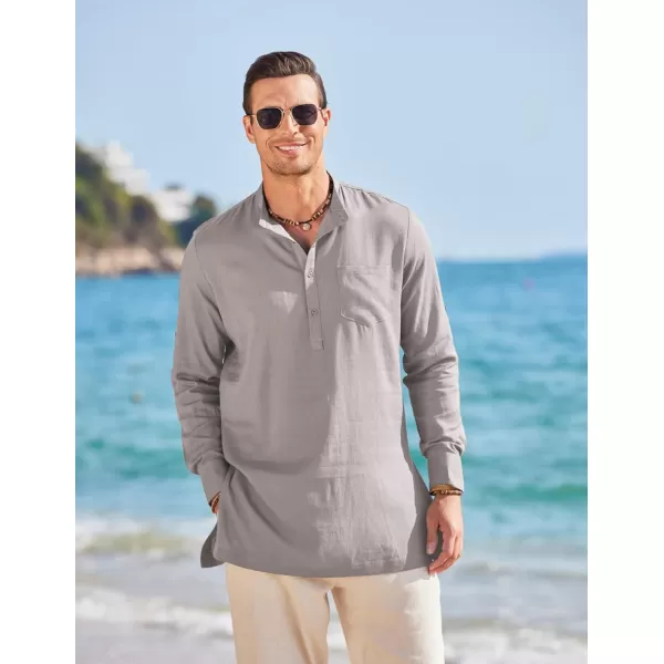 COOFANDY Men's Linen Henley Shirts Long Sleeve Collarless T-Shirts Longline Kurta Beach Shirts with Pocket