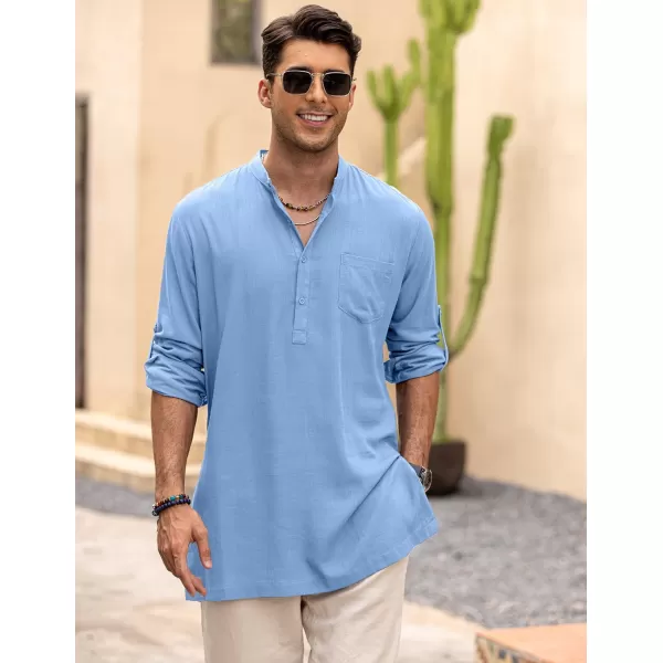 COOFANDY Men's Linen Henley Shirts Long Sleeve Collarless T-Shirts Longline Kurta Beach Shirts with Pocket