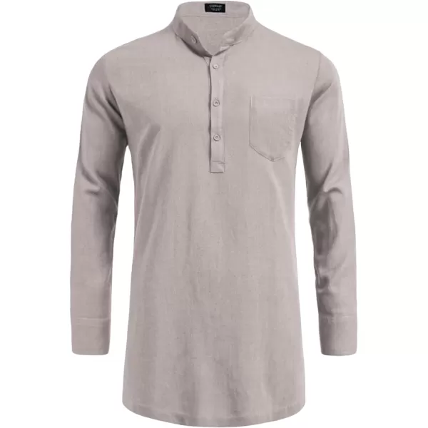 COOFANDY Men's Linen Henley Shirts Long Sleeve Collarless T-Shirts Longline Kurta Beach Shirts with Pocket