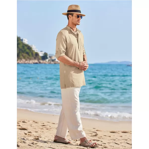 COOFANDY Men's Linen Henley Shirts Long Sleeve Collarless T-Shirts Longline Kurta Beach Shirts with Pocket