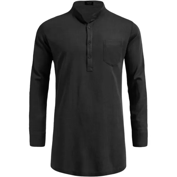 COOFANDY Men's Linen Henley Shirts Long Sleeve Collarless T-Shirts Longline Kurta Beach Shirts with Pocket