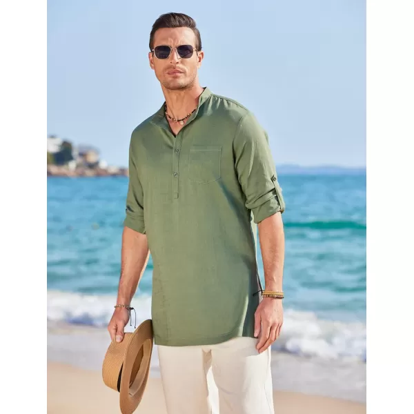 COOFANDY Men's Linen Henley Shirts Long Sleeve Collarless T-Shirts Longline Kurta Beach Shirts with Pocket