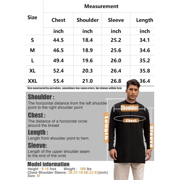 COOFANDY Men's Linen Henley Shirts Long Sleeve Collarless T-Shirts Longline Kurta Beach Shirts with Pocket