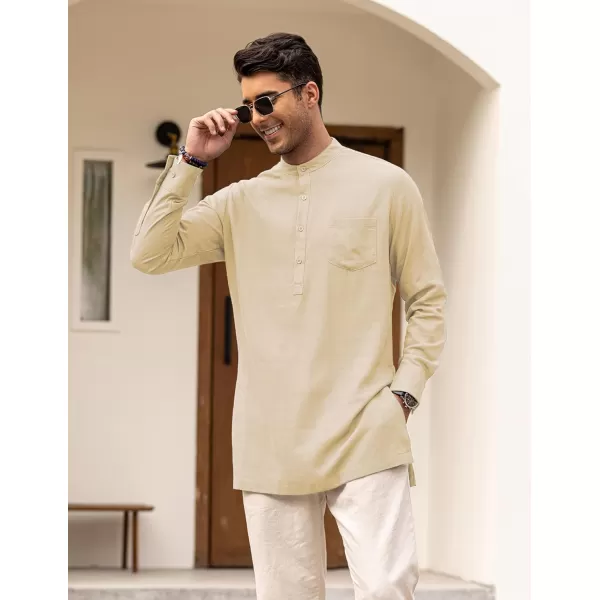 COOFANDY Men's Linen Henley Shirts Long Sleeve Collarless T-Shirts Longline Kurta Beach Shirts with Pocket