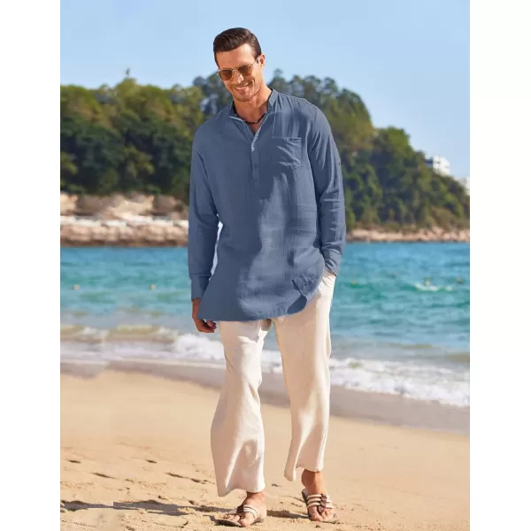 COOFANDY Men's Linen Henley Shirts Long Sleeve Collarless T-Shirts Longline Kurta Beach Shirts with Pocket
