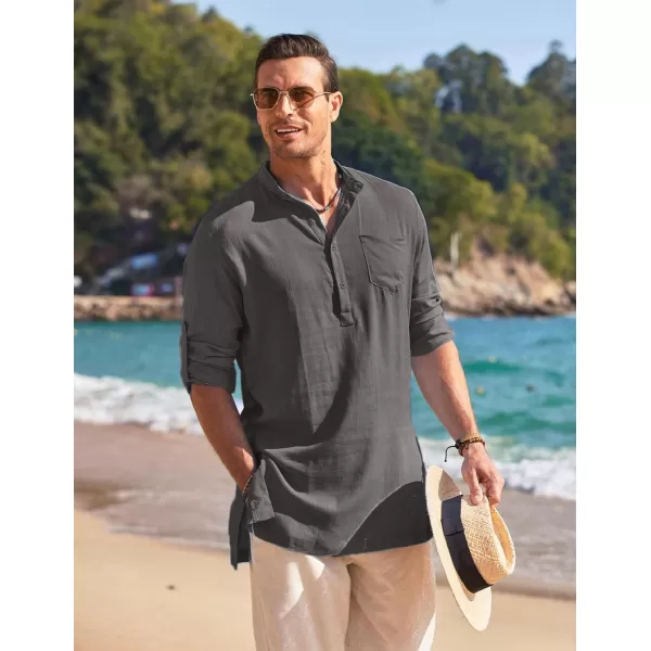 COOFANDY Men's Linen Henley Shirts Long Sleeve Collarless T-Shirts Longline Kurta Beach Shirts with Pocket