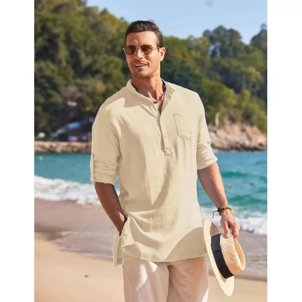 COOFANDY Men's Linen Henley Shirts Long Sleeve Collarless T-Shirts Longline Kurta Beach Shirts with Pocket
