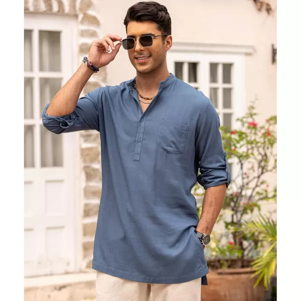 COOFANDY Men's Linen Henley Shirts Long Sleeve Collarless T-Shirts Longline Kurta Beach Shirts with Pocket
