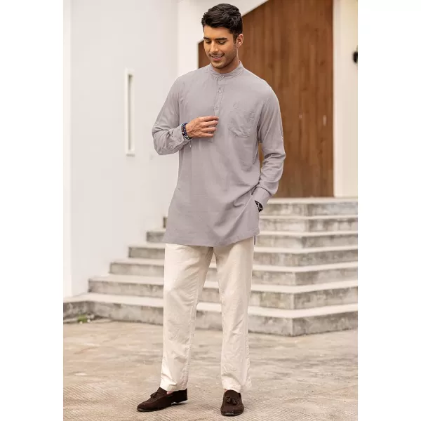 COOFANDY Men's Linen Henley Shirts Long Sleeve Collarless T-Shirts Longline Kurta Beach Shirts with Pocket