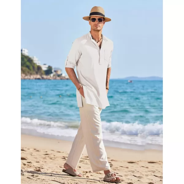 COOFANDY Men's Linen Henley Shirts Long Sleeve Collarless T-Shirts Longline Kurta Beach Shirts with Pocket