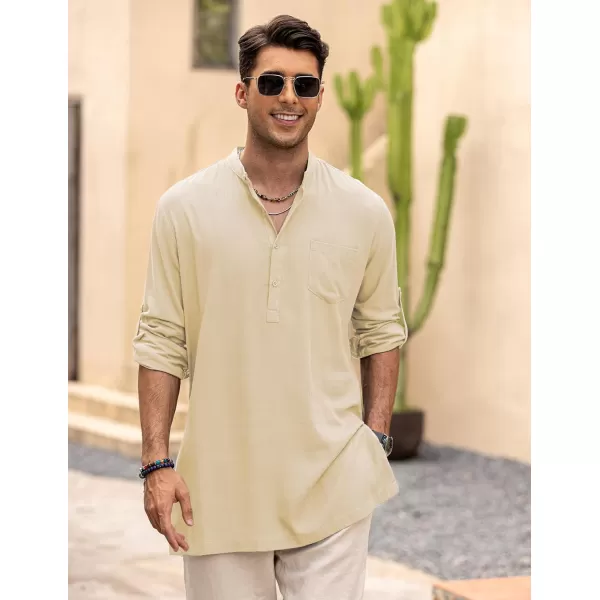 COOFANDY Men's Linen Henley Shirts Long Sleeve Collarless T-Shirts Longline Kurta Beach Shirts with Pocket
