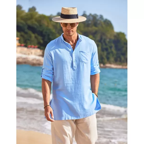 COOFANDY Men's Linen Henley Shirts Long Sleeve Collarless T-Shirts Longline Kurta Beach Shirts with Pocket