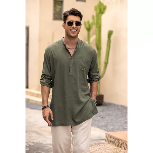 COOFANDY Men's Linen Henley Shirts Long Sleeve Collarless T-Shirts Longline Kurta Beach Shirts with Pocket