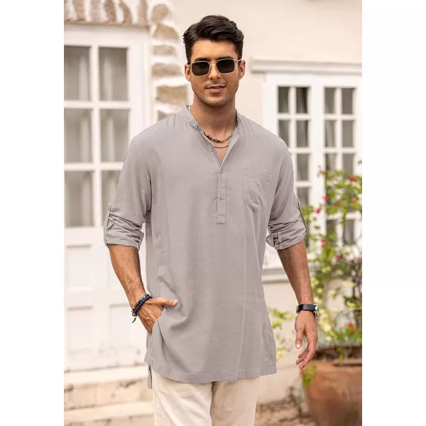 COOFANDY Men's Linen Henley Shirts Long Sleeve Collarless T-Shirts Longline Kurta Beach Shirts with Pocket
