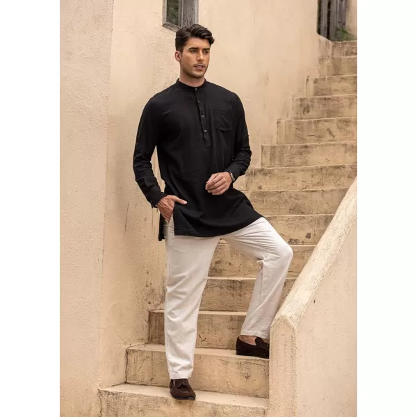 COOFANDY Men's Linen Henley Shirts Long Sleeve Collarless T-Shirts Longline Kurta Beach Shirts with Pocket