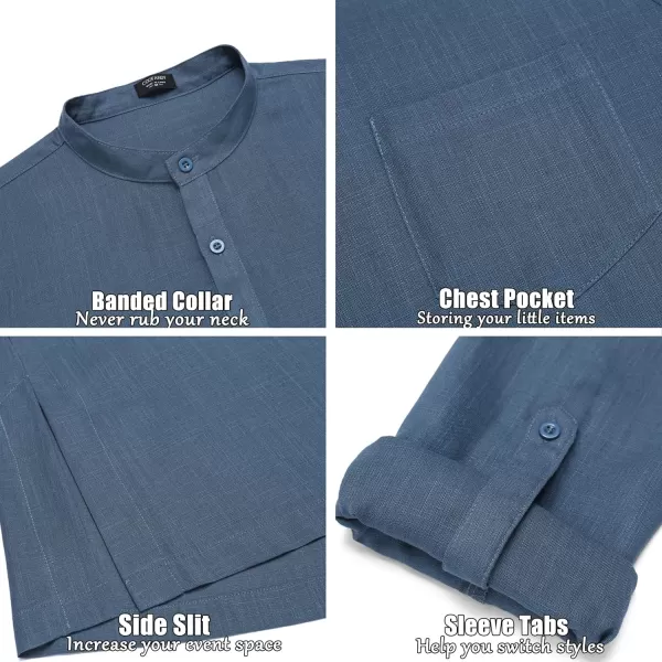COOFANDY Men's Linen Henley Shirts Long Sleeve Collarless T-Shirts Longline Kurta Beach Shirts with Pocket