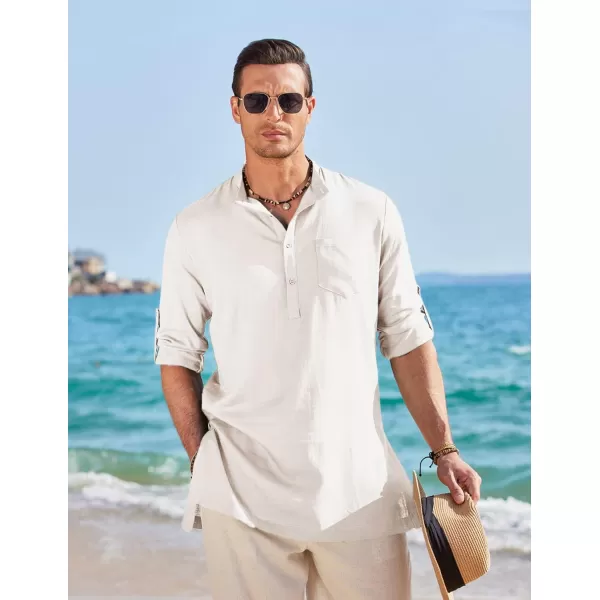 COOFANDY Men's Linen Henley Shirts Long Sleeve Collarless T-Shirts Longline Kurta Beach Shirts with Pocket