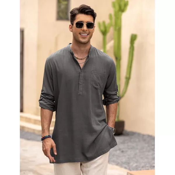 COOFANDY Men's Linen Henley Shirts Long Sleeve Collarless T-Shirts Longline Kurta Beach Shirts with Pocket